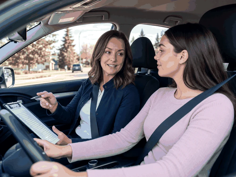 Certified female driving instructor with student